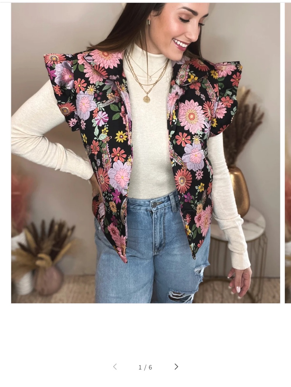 &merci Black Floral Puffer Vest with Pink Flower Print - Picture 9 of 9